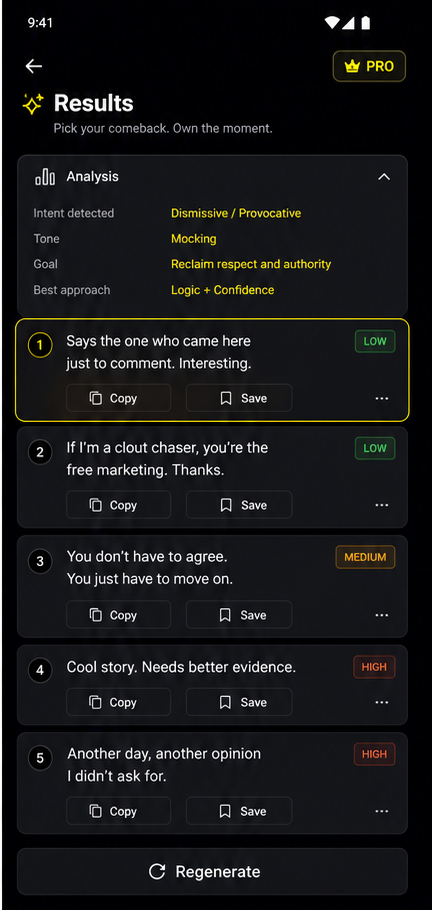 Clapback AI results screen showing comeback options with risk levels